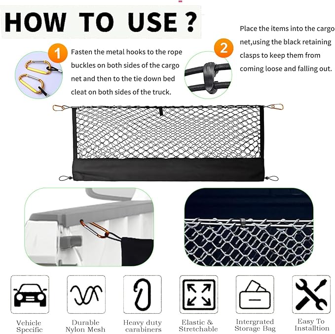 Highly Elastic Truck Bed Cargo Net Compatible with 2024 2025 Ford Ranger, Envelope Style Truck Cargo Net for Ranger Accessories, Upgraded Storage Bag & Heavy Duty Carabiners