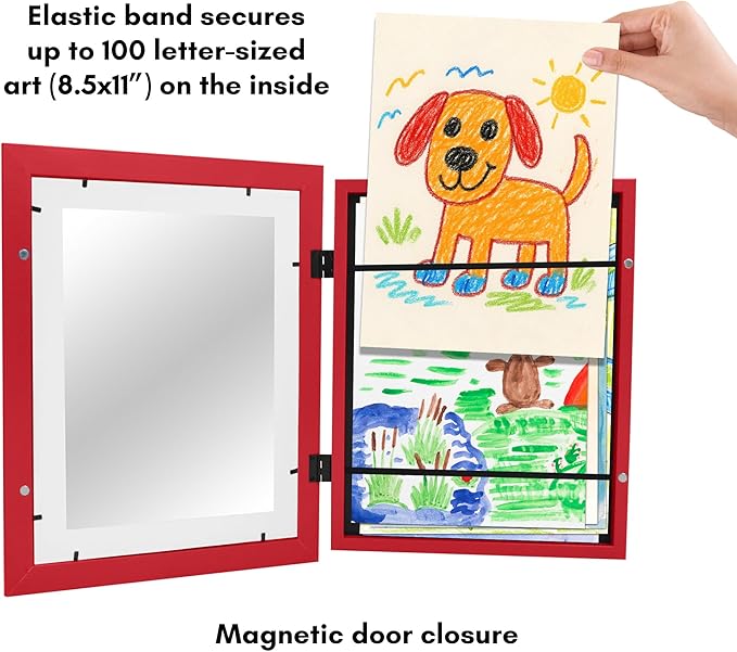 Americanflat Kids Artwork Frame Changeable (Apple Red) - Magnetic Door Holds 100 Art Pieces - 8.5x11 Letter Size Display with Mat or 10x12.5 Without Mat - My Mini Masterpiece
