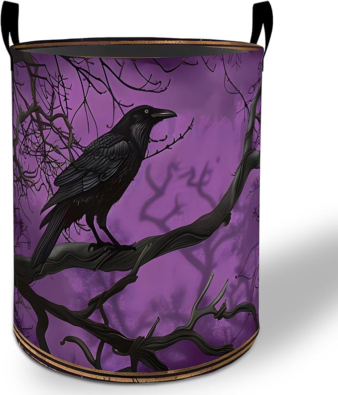 Gothic Raven Laundry Basket Hamper 19.7"x15.8", Crow Foldable Waterproof Oxford Clothes Storage Bucket for Room Bathroom Bedroom Nursery Decor, Toy Organizer Bins Gifts for Kids Boys Girls