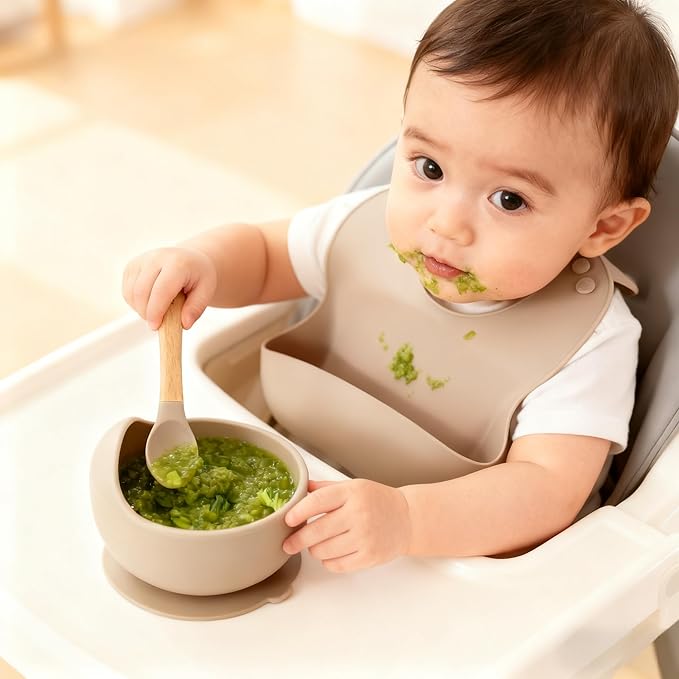 Ginbear Baby Bowls with Suction, Silicone Bibs, Self Feeding Spoons, Led Weaning Supplies, Toddler Eating Set for Ages 6 Months+ (Almond)