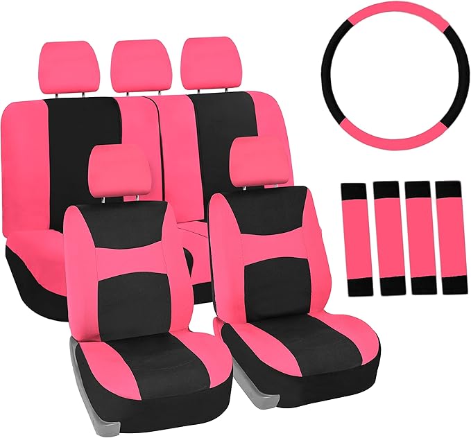 FH Group Full Set Cloth Car Seat Covers, Universal Fit combo, Low Back Front Seat Covers, Airbag Compatible, Split Bench Rear Seat, Washable Seat Cover for SUV, Sedan, Van, Pink