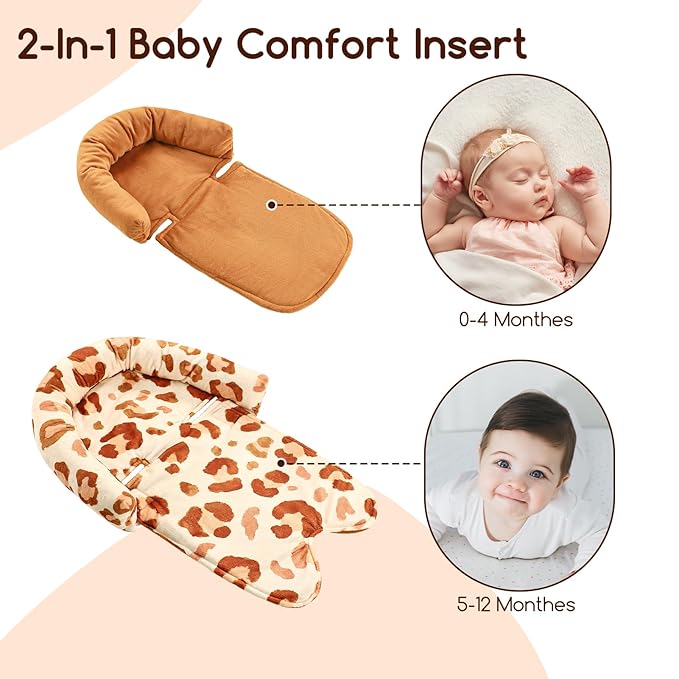 GFU Baby Car Seat Head Support for Newborn, 2 in 1 Infant Car Seat Head Body Support with Strap Pads, Soft Stroller Cushion Pillow Insert for Girls, Fits for Stroller, Swing, Brown
