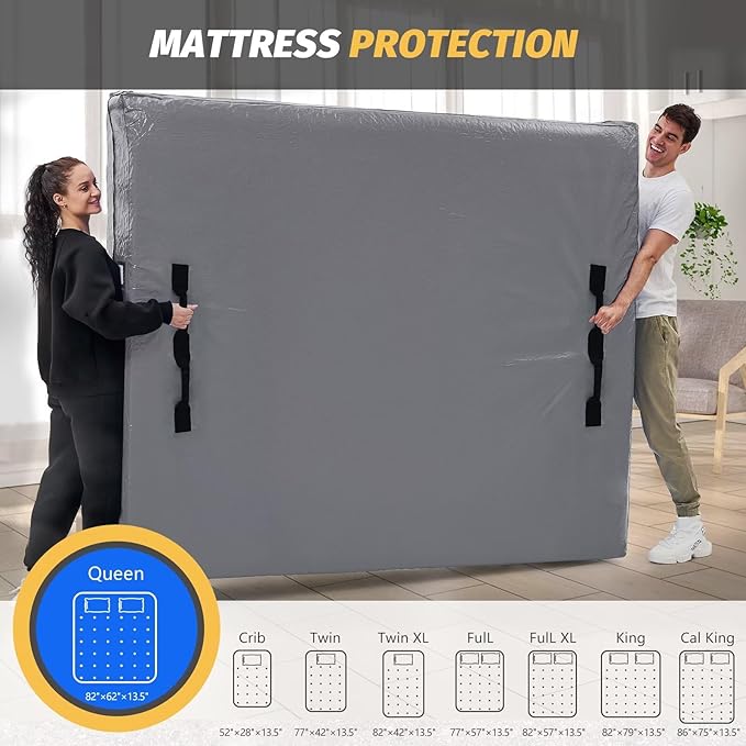 Mattress Bags for Moving and Storage, BETU Twin Mattress Protector Waterproof Mattress Cover with 8 Heavy Duty Handles and Zipper Extra Thick Moving Supplies for Dorm Bed Reusable (77x42x13.5 Grey)