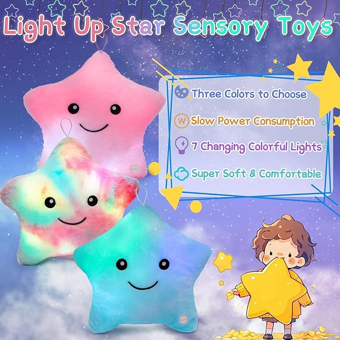 Subao Sensory Toys for Kids with Autism,14" Twinkle Star Plush Light Up Toddler Pillow,Autism Sensory Products,Toddler Travel Soft Toys,Birthday Xmas Easter Gifts for Boys Age 3 4 5 6 7 8 9 Blue