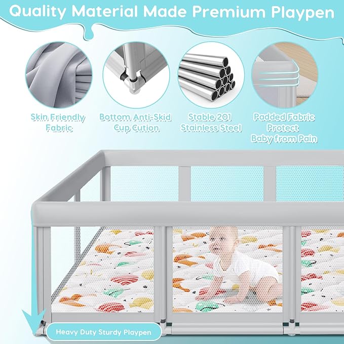 Fshibila 74" ×50" Baby Playpen with Mat, Baby Playard for Babies and Toddlers, Play Pens for Indoor & Outdoor, Sturdy Safety Play Yard with Soft Breathable Mesh, Anti-Fall, Grey