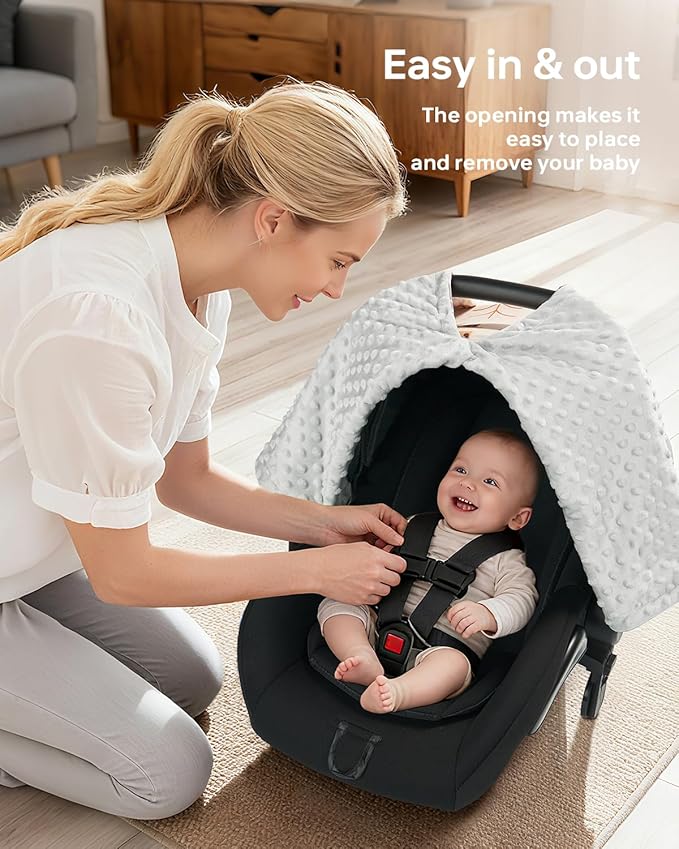 Infant Car Seat Cover Winter Minky - Baby Car Seat Canopy with Snap Peekaboo Opening, Multi-Use as Stroller Cover, Nursing Cover and Baby Blanket for Boys Girls (Beige)