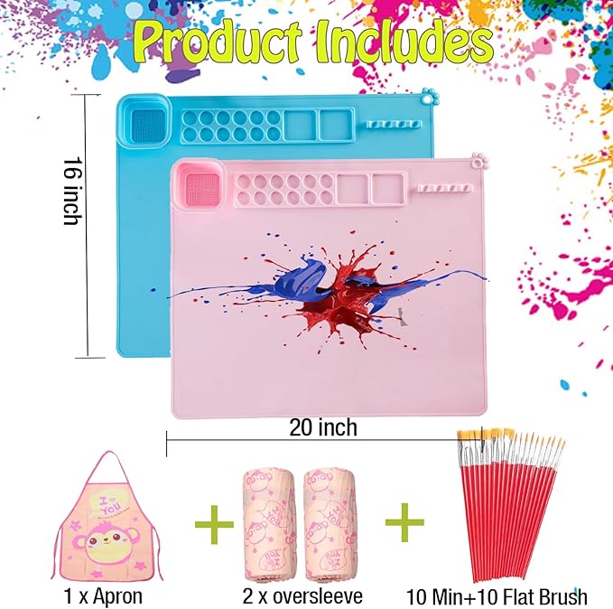 Lymoc Silicone Painting Mat,Painting Stations Kit [1x Apron,1 Pair Oversleeve,20 Pieces Brushes] Craft Silicone Mats 21"X17" with Detachable Cup for Kids Gift,Paint, Clay, DIY Projects