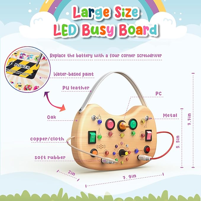 flycoost Montessori Toddler Busy Board, Wooden Busy Board with 17 LED Lights Switch, Travel Toys for Toddlers 1-3 Years,Toddler Sensory Boards, Toys for 1 Year Old Girls