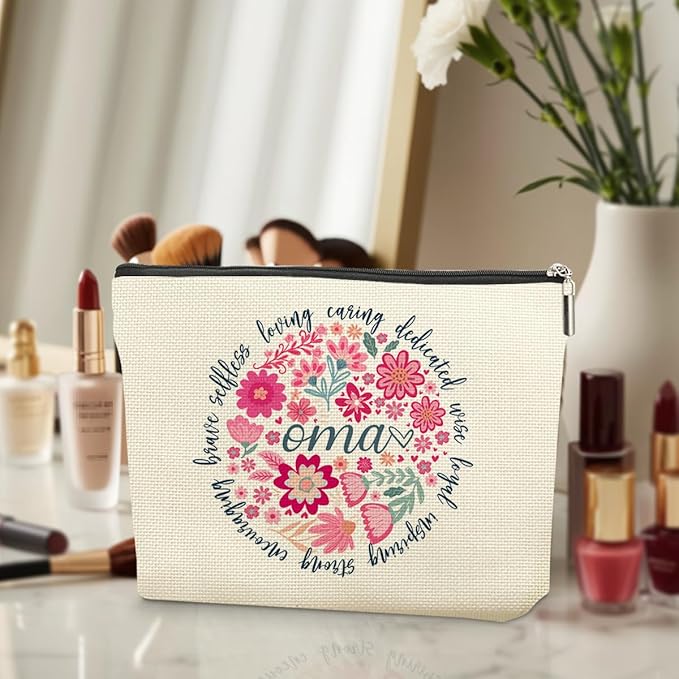 Decohim Oma Grandma Gifts Makeup Bag, Grandma Birthday Gifts, Funny Christmas Retirement Mothers Day Gift for Women Oma Grammy Cosmetic Bags,Abstract Floral Zipper Pouch Travel Toiletry Bag Organizer