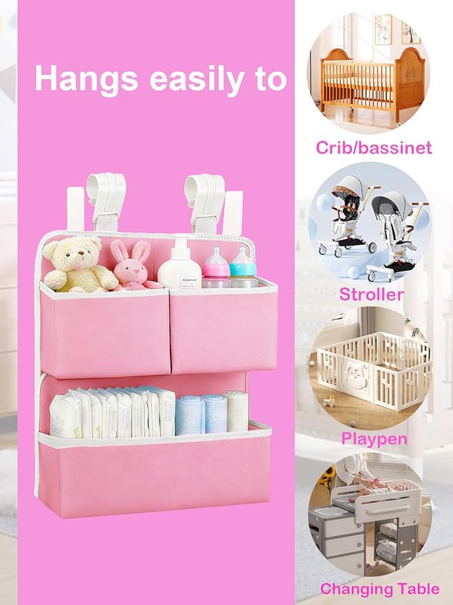 Hanging Diaper Organizer for Bassinet/Crib/Playpen/Playard – Hold 80+ Diapers - Changing Table Diaper Holder Attachment Accessories- Diaper Stacker Nursery Caddy Organizer (Pink)