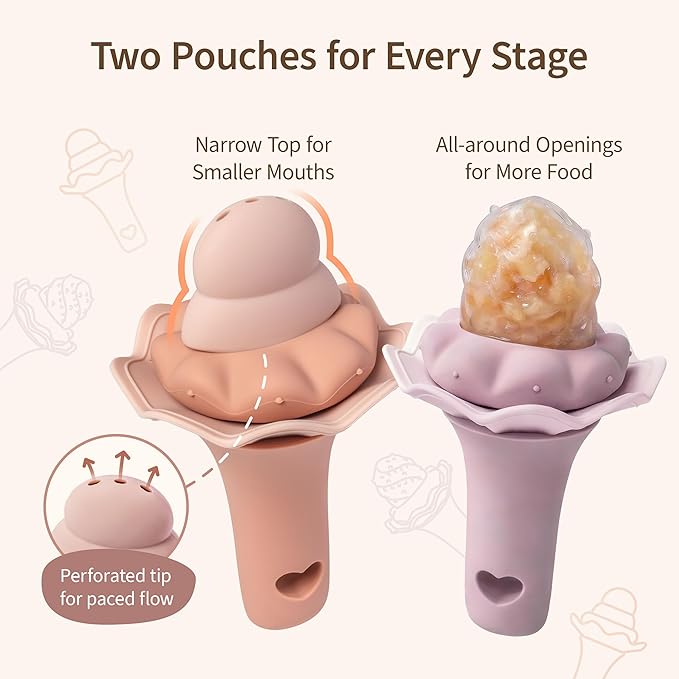Moonkie Baby Fruit Feeder for Self-Feeding: Controlled Flow Design with 2 Pouches for Safe First Foods - BPA Free Silicone Food Feeder with Freezer Tray for Cooling Comfort - 4 Months+ - 1 Pack