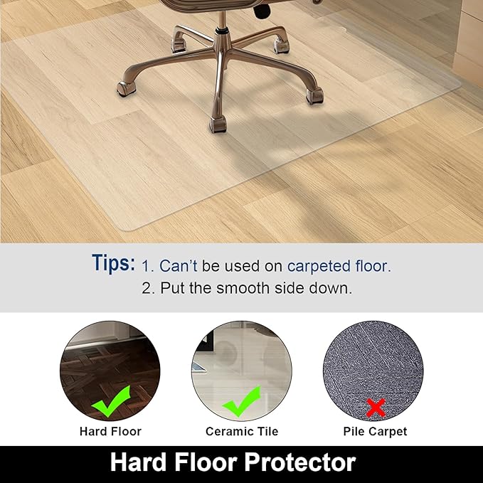 AiBOB Office Chair Mat for Hardwood Floor, 45 X 53 inches, Hard Floor Chair Mats Under Computer Desk, Easy Glide for Rolling Chairs, No Curling