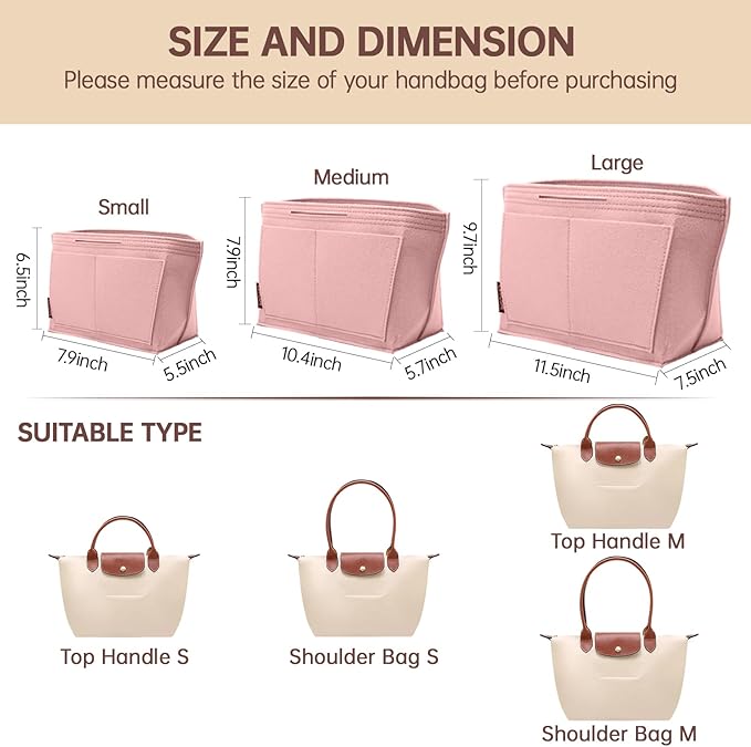 OPPOSHE Purse Organizer Insert for Longchamp Le Pliage, Premium Felt Long Champ Bag Handbag Women, Tote Organizer Insert with 6 Compartments (Small, Pink)