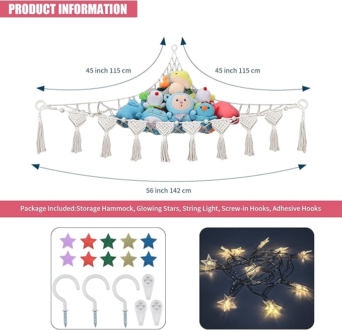 Stuffed Animal Hammock Net w/LED Star Light, 56 Inch Jumbo Toy Hammock for Stuffed Animals Teddy Plushie Net, Cream Stuffed Animal Storage Corner for Kid Girls Boys Gift