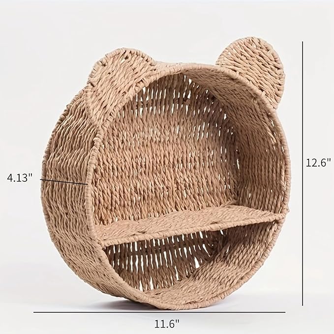 Bear Rattan Wall Shelf, Handwoven Wicker Nursery Shelf for Wall, Wall-Mounted Floating Display Shelf Organizer for Small Books, Toys & Decor