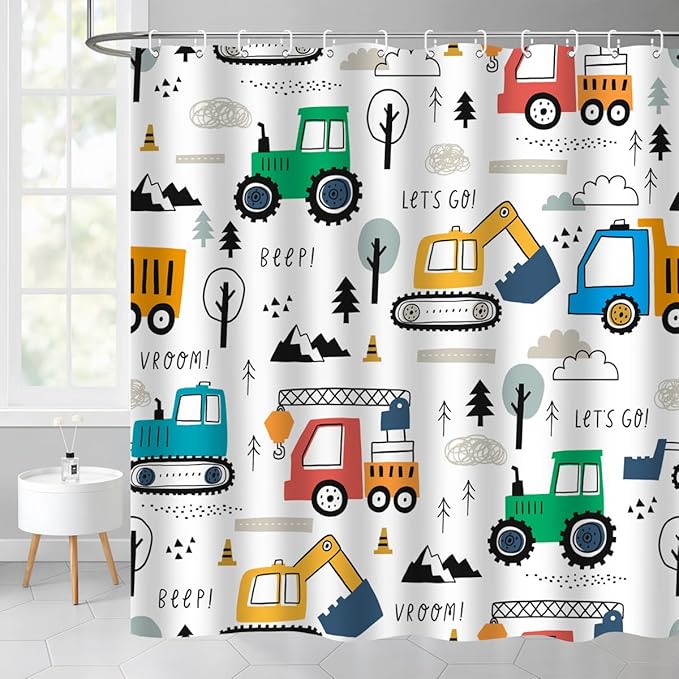 Colourful Construction Truck Shower Curtain Cartoon Excavator Vehicle Tractor Cars for Boys Kids Machinery Bathroom Decor Waterproof Fabric 72Lx72W Inch with Hooks