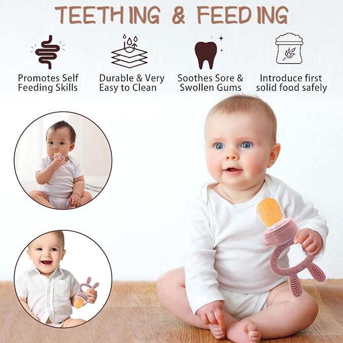Baby Breastmilk Popsicle Molds & Baby Fruit Feeder (3 Pack), Baby Food Freezer Tray Storage Containers, Silicone Teething Pacifier Feeder and Teether for Babies,Baby Feeder-Pink