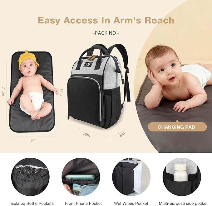 Packino Diaper Bag Backpack for Women - Multifunction Travel Essentials Baby Diaper Bag with Changing Pad, Large Backpack Baby Girl Boy, Insulated Bottle Holders & Stroller Straps (Black+Gray)