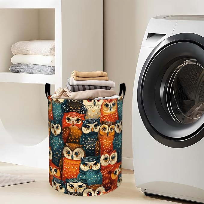 Colorful Owls with Big Eyes Laundry Basket with Handles, 19.7"x15.7" Clothes Foldable Laundry Hamper Organizer for Dorm Nursery Bedroom Bathroom Decor, Toy Storage Bin for Kids