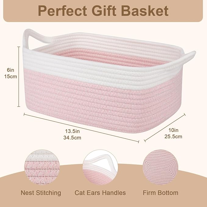 OIAHOMY Woven Basket, Gift Basket Empty with Gift Bags and Ribbons, Rope Baskets for Baby Showers, Storage Baskets with Handles for Nursery, Pet Toy Organizer - Pink & White