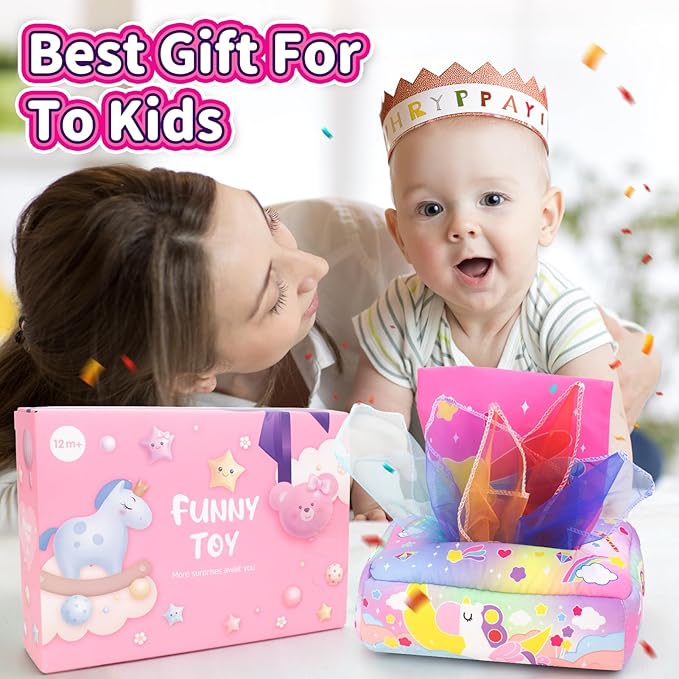 usrela Baby Toys 6 to 12 Months - Tissue Box Toy, Tissue Learning Toys with Alphabet Number Color Sound, Baby Sensory Toy Gifts for 6 9 12 18 Months Old