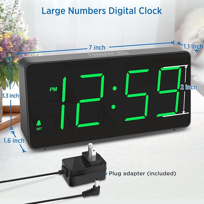 Peakeep Digital Clock, Alarm Clock for Bedrooms with USB Charger Port - Large Big Numbers 5 Brightness for Seniors, Battery Backup, Loud Alarm 5 Volums (Black with Green Digits)