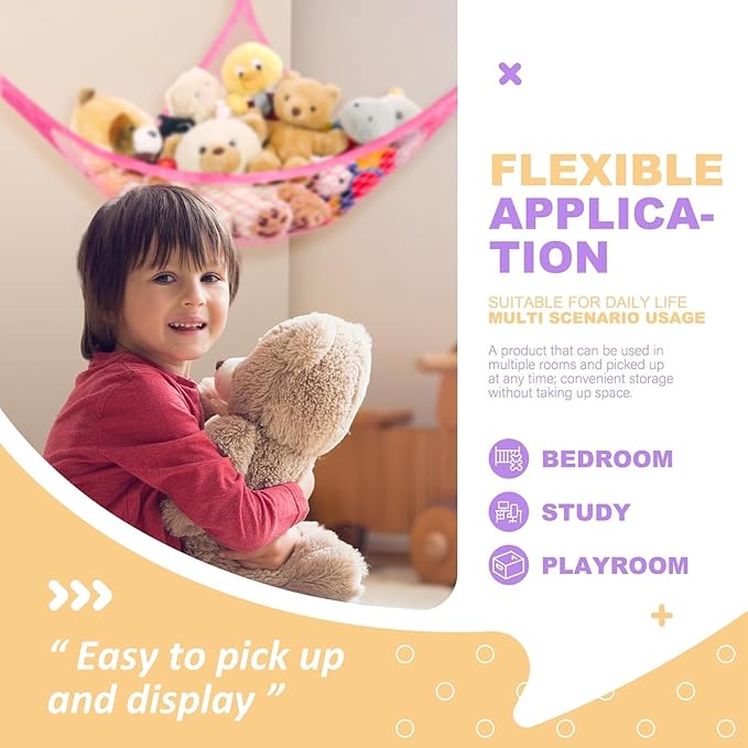 Lazebox Stuffed Animal Net Hammock for Plushie Toys, Stuffed Animal Hammock Corner for Kids' Room Decor, Ideas for Organizing Stuffy Collection, Pink, L (67" x 40" x 40")-Pack of 2
