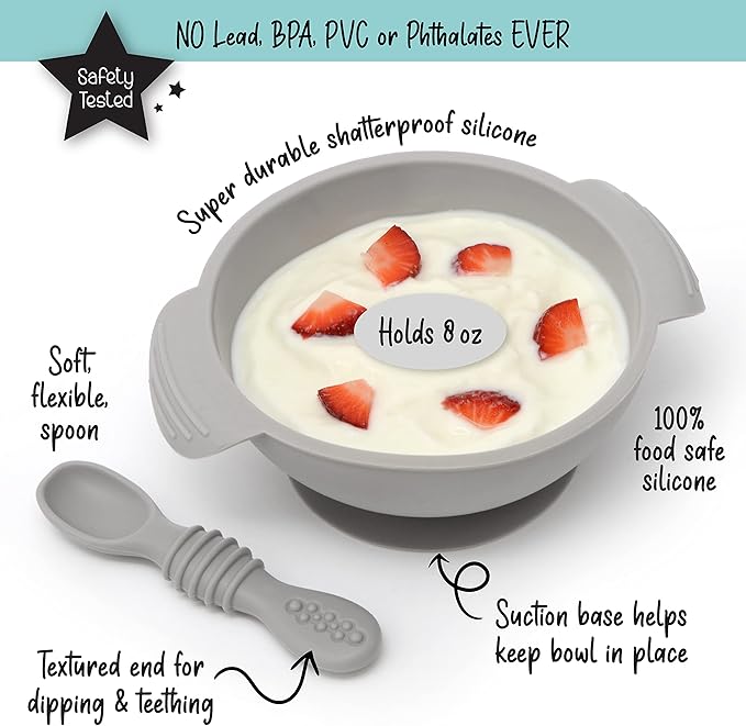 PrimaStella Unbreakable Silicone Non-Slip Bowl and Chew Spoon Set for Babies and Toddlers (Stone)