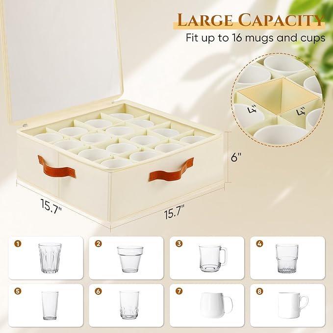 Foyego 2 Pack Coffee Mug Storage Box with Dividers, Stackable China Storage Containers with Lid, Zipper, and Handles for 32 Coffee Mugs and Cups, Mug Storage Organizer for Packing & Moving, Beige