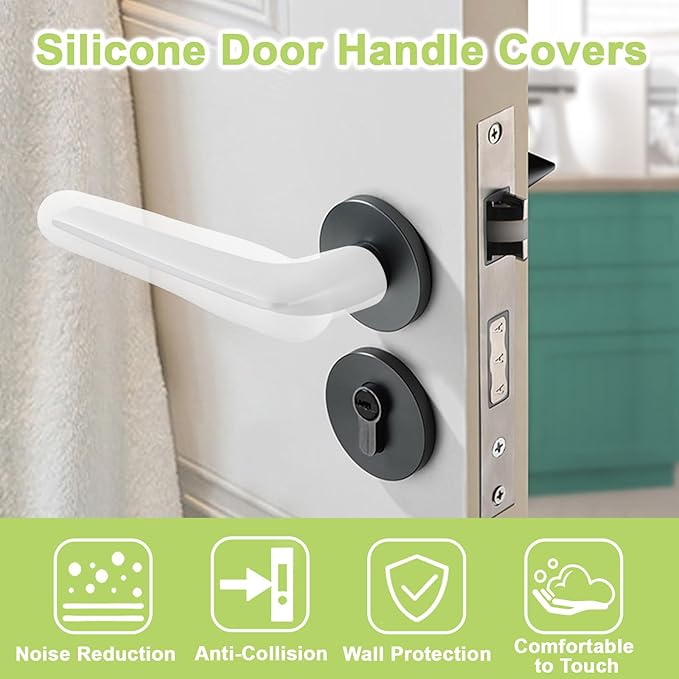 Door Handle Covers, 2Pcs Transparent White Silicone Door Handle Glove Covers Door Knob Covers Anti-Slip Door Lever Protectors with Anti-Collision Adhesive Strip for Flat Square Door Levers