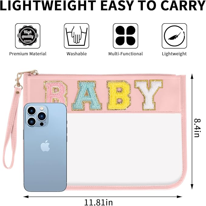 Iqimott Chenille Letter Clear Bag Baby Pouch, Monogram PVC & PU Makeup Cosmetic Bag Zipper Toiletry Pouch, Portable Travel Beach Snack Wristlet Bags for Women Girls(Baby, Pink)