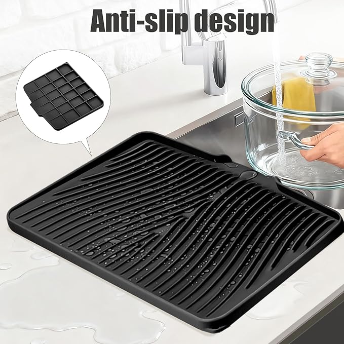 Silicone Dish Drying Mat, Stone Drying Mat for Kitchen Counter with Built-In Drain, Non-Slip Drain Pad with Built-in Drain, Heat Resistant Stone Drying Mat, 1Pcs Black(20" x 15")