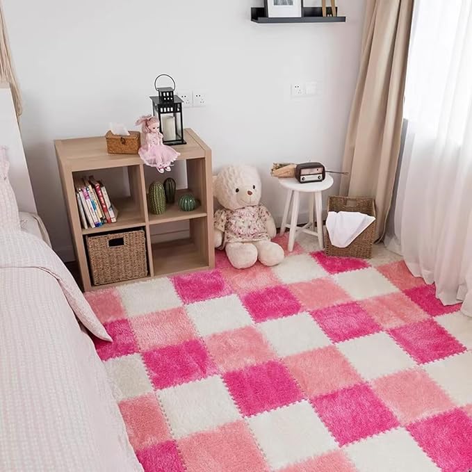 12pcs Plush Puzzle Foam Floor Mat, Cute Soft Fluffy Interlocking Square Foam Tiles Area Rugs Carpet for Parlor Bedroom Decoration(11.8x11.8x0.4in, Rose Red&Pink&White)