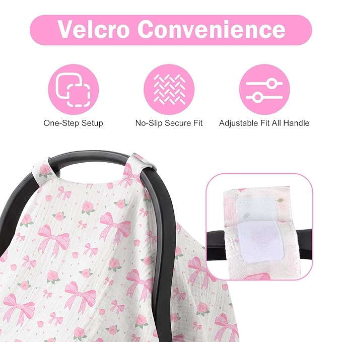 Baby Car Seat Cover - 100% Muslin Cotton Universal Breathable Canopies for Boys and Girls Soft Spring Summer Car Seat Cover Lightweight Infant Car Seat Canopy - Pink Bows