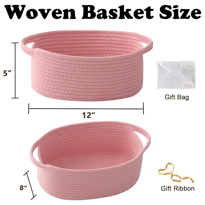 Small Woven Rope Basket-Empty Gifts Basket with Bag and Ribbons,Cute Handle Organizer Box for Birthday/Baby Shower, Toy Storage, Nursery Organizing & Shelf Decor(Pink)