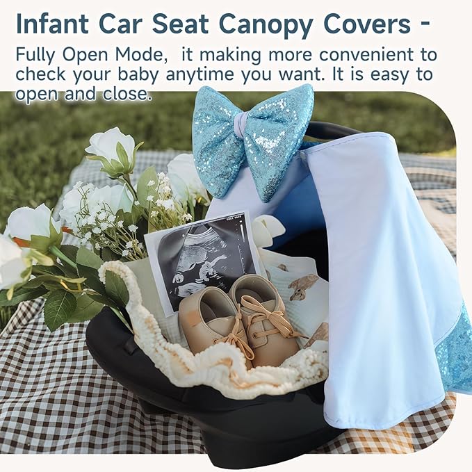 Baby Carseat Canopy Cover with Bow for Girls Boys with Bow Stroller and Cart Cover Carseat Nursing Cover Newborn Gift (Blue)