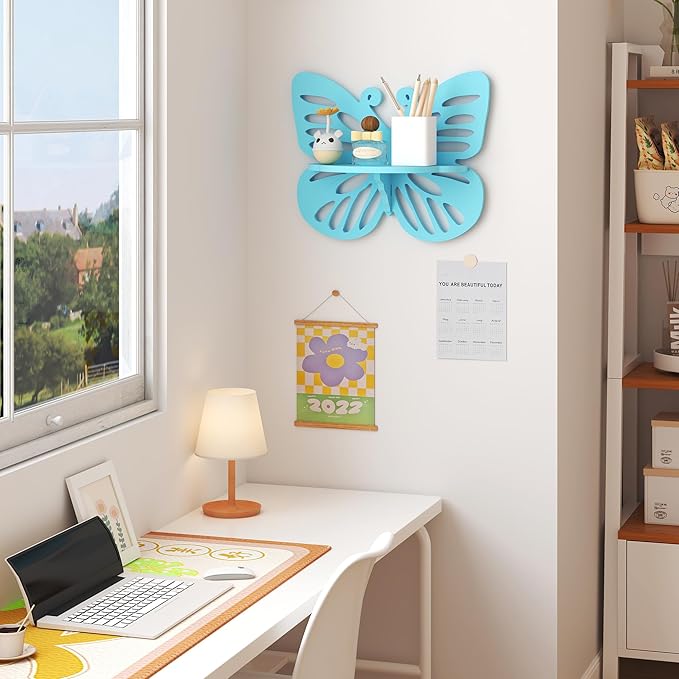 Butterfly Shaped Nursery Wall Deor Floating Shelf, Small Decorative Shelf Wall Mounted, Cute Wall Display Rack for Kid’s Room, Hanging Wall Shelf for Toys, Plants and Decorations Storage,Light Blue