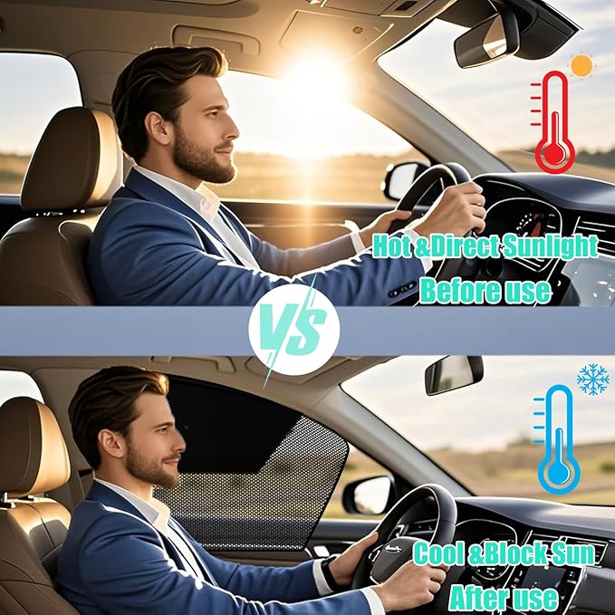 Car Window Shades, 2 Pack Magnetic Half Blackout & Half See-Through Car Sun Shade Side Window, Front Window Shade Block Heat UV Rays Glare for Driver Passenger