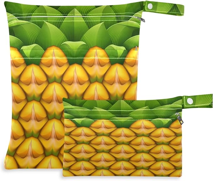 visesunny Tropical Pineapple 2Pcs Wet Bag with Zippered Pockets Washable Reusable Roomy for Travel,Beach,Pool,Daycare,Stroller,Diapers,Dirty Gym Clothes, Wet Swimsuits, Toiletries