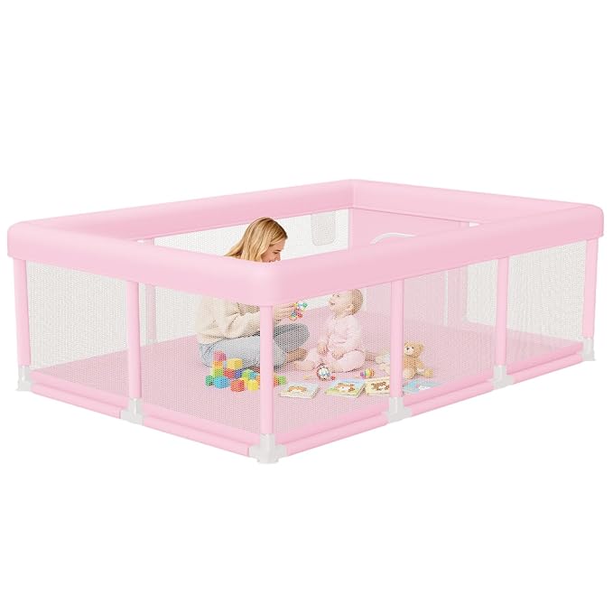 Large Baby Playpen 74"x50", Baby Girl Play Pen for Babies and Toddlers Pink, Safe Structure and Soft, Skin-Friendly Fabric with Zipper Gates