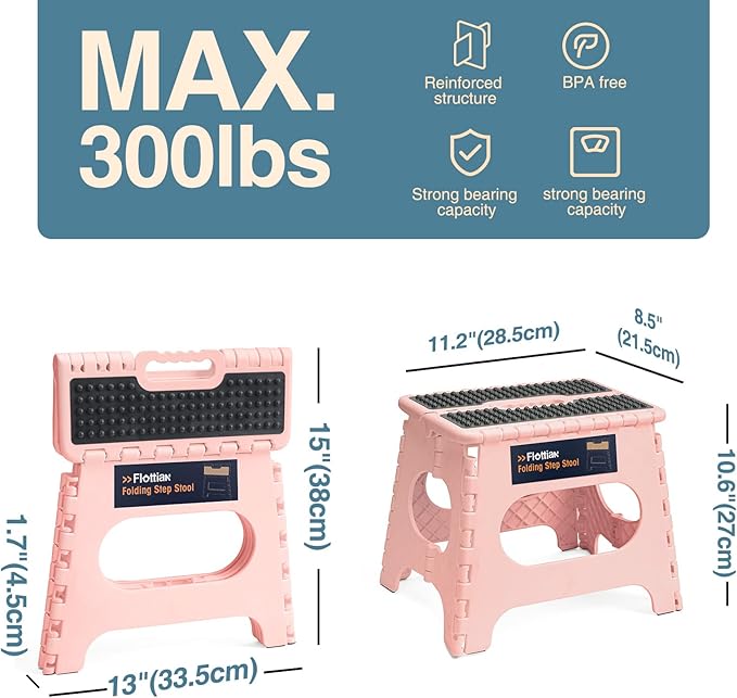 Flottian 11" Folding Step Stool for Adults and Kids Holds Up to 300 lbs,Non-Slip Folding Stools with Portable Handle, Compact Plastic Foldable Step Stool for Bathroom,Bedroom, Kitchen Sakura Pink