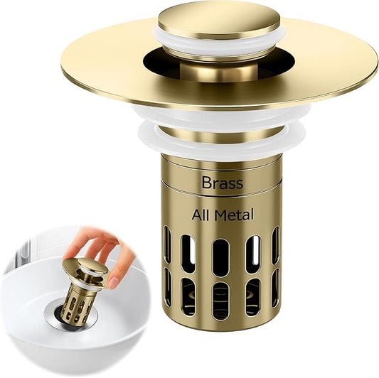 (All Metal) Bathroom Sink Stopper,Pop Up Drain for Bathroom Sink,Sink Stopper Hair Catcher,Silent Popper Core w/Removable Stainless Steel Filter Basket,Sink Drain Plug Fit for 1.05~2.0''Basin