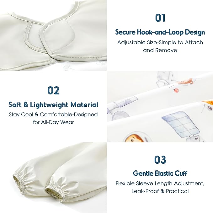 GRSSDER 2 Pack Long Sleeve Baby Feeding Bibs, Super Soft Lightweight Waterproof Coverall Baby Led Weaning Bib with Large Food Catcher Pocket, Adjustable and Easy Clean for 6-30 Months