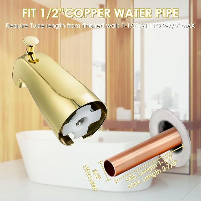 Enhon Slip on Tub Spout with Diverter, Compatible with American Standard 8888026.002 Tub Spout, Bathroom Bathtub Faucet, Fits 1/2 Copper Water Tube(5/8 Dia), 5/32 Hex Wrench(Polished Brass,1)