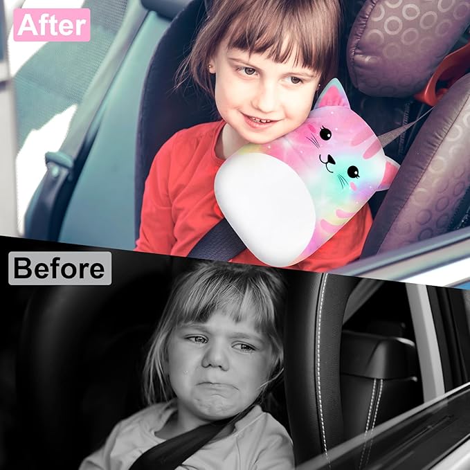 FIODAY Seatbelt Covers for Kids Car Seat Strap Pads Seat Belt Pillow Adjust Seat Belt Covers Seatbelt Cushion for Toddler Baby Boys Girls Travel Head Neck Shoulder Support, Pink Cat