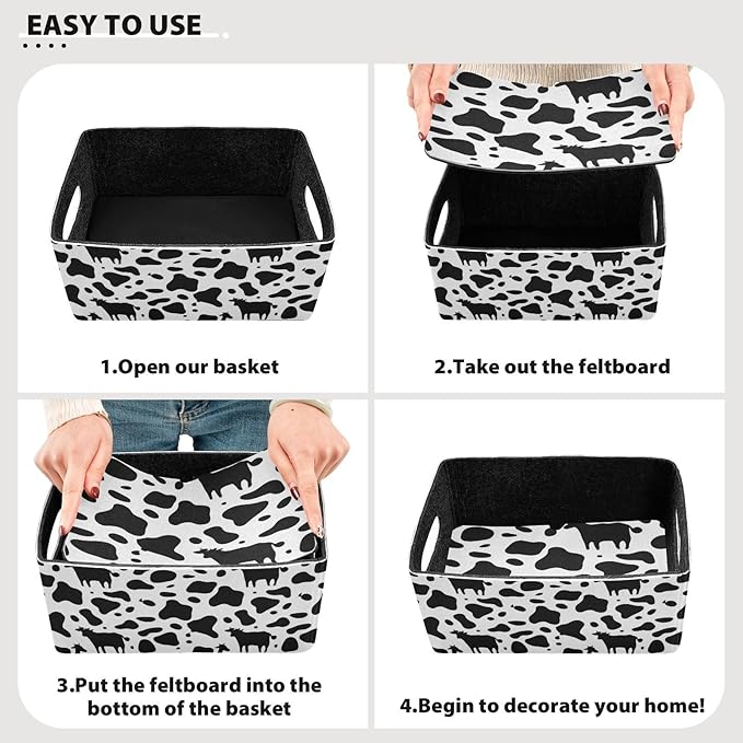 Kcldeci Cow Print Storage Bins - 2Pack Foldable Baskets for Organizing, Black & White Cow Pattern Animal Skin Print Sturdy Baskets for Shelves, Closet, Nursery, Toy