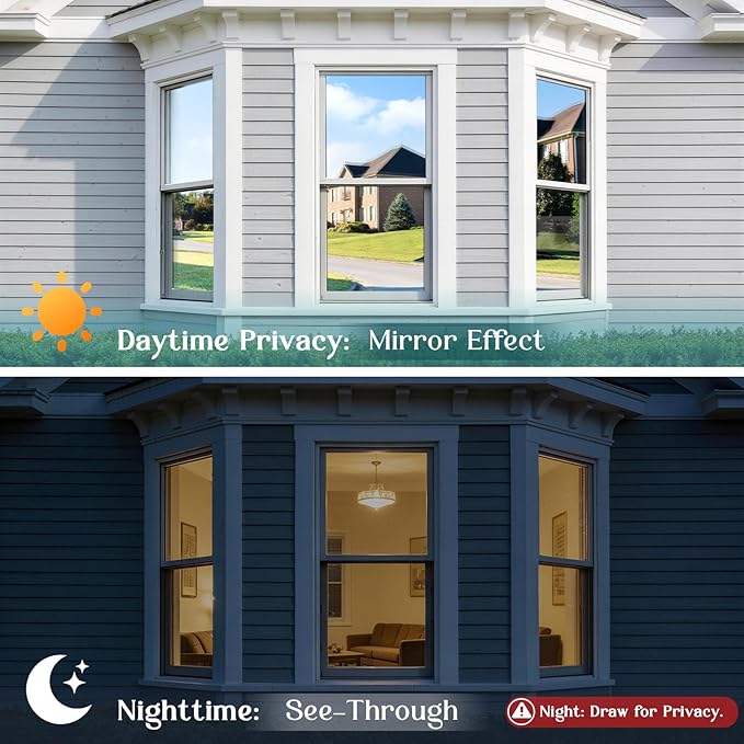Haton Window Privacy Film One Way Window Tint for Home, Sun UV Blocking Heat Control Reflective Mirror Film, No Glue Static Cling See Out Not in Glass Door Covering, Black Silver, 35.4" x 118"