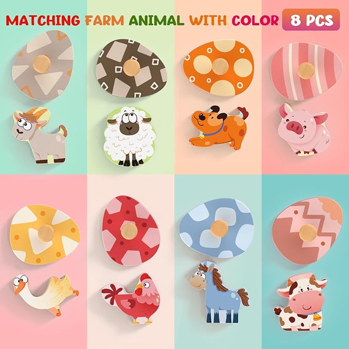 Zeoddler Wooden Puzzles for Toddlers, 8 Pcs Farm Animal Matching Egg Puzzle, Montessori Toys for Boy Girl Easter Birthday Gifts, Preschool Learning Activities & Educational Toys for Boys, Girls