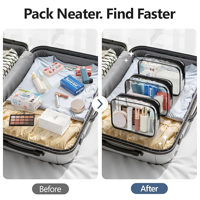 PACKISM TSA Approved Toiletry Bag - Clear Makeup Bag 3 Pack Medium, Quart Size Bag for 3-1-1 Liquids with Metal Smooth Zipper, Travel Makeup Bag for Women Men, Airport Airline Compliant Bag, Black