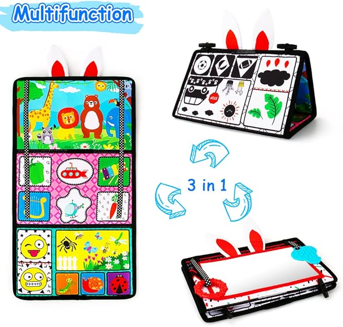 Inbeby Tummy Time/Baby Mirror Toys, Black and White High Contrast Tabletop Mount Baby Newborn Toys 0 3 6 Months Brain Development, Sensory Texture Piano Infant Toys 0 3 6 Months with Squeaker